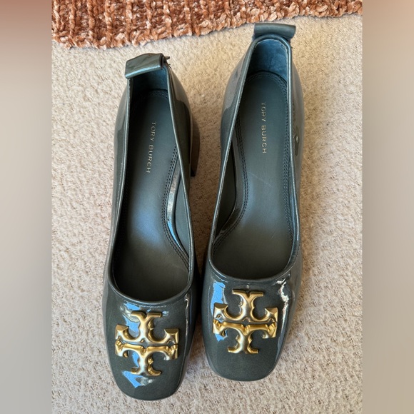 Tory Burch Dark Gray Heels with Gold Emblem - Picture 3 of 7
